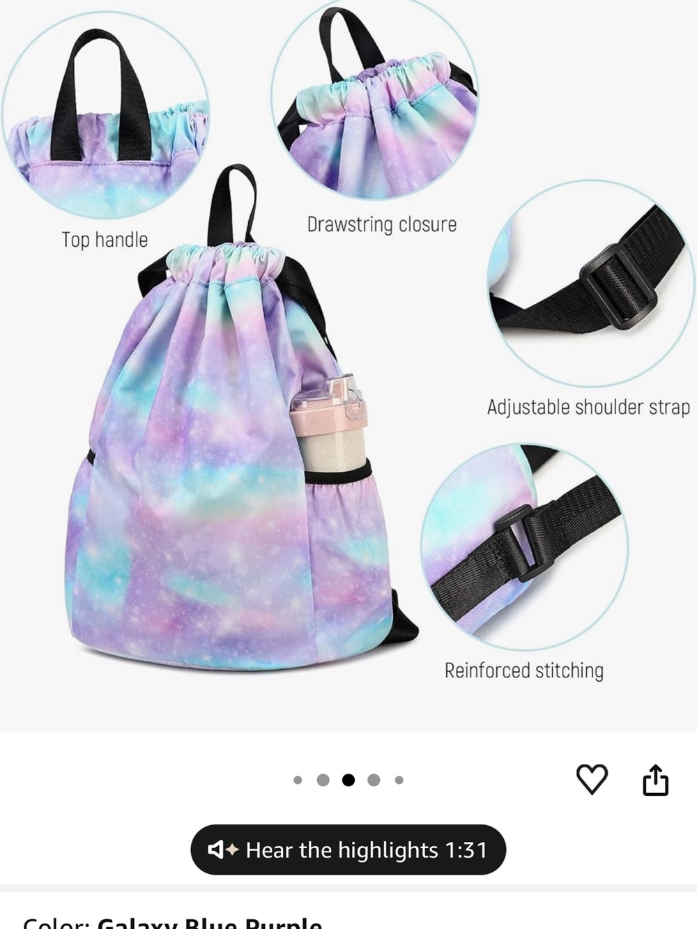 Galaxy Watercolor Drawstring Backpack - Blue Purple Turquoise